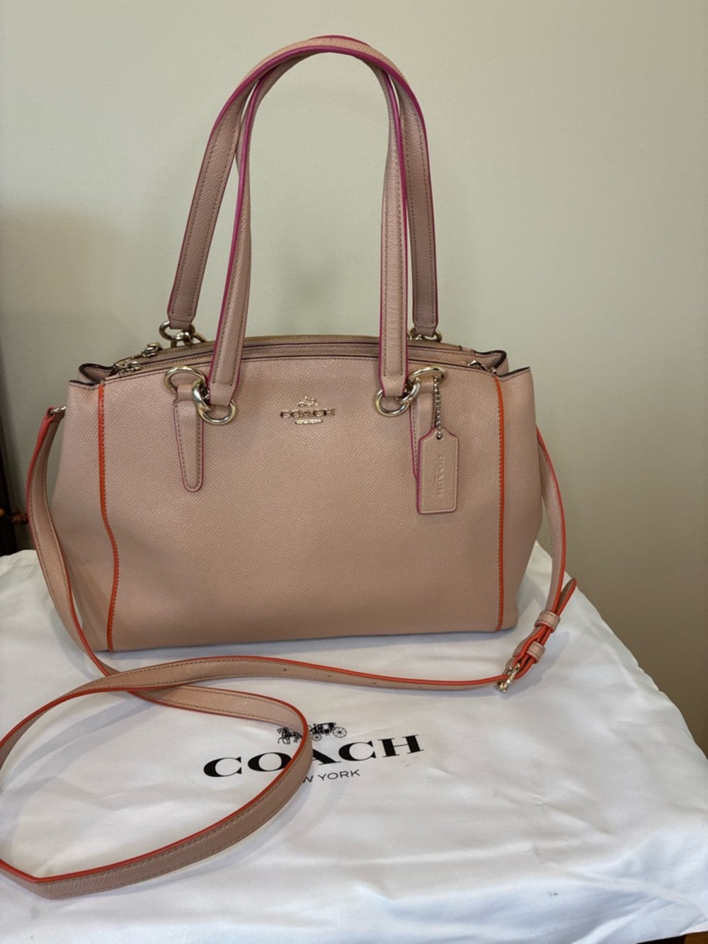 COACH F20476 Christie Carryall Crossgrain Leather Purse Blush Pink Orange